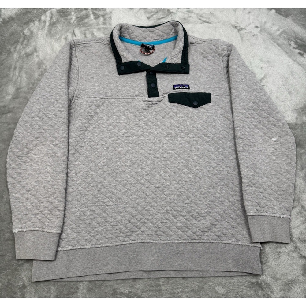 Patagonia Sweatshirt Mens Large Gray Quilted Snap T‎ Pullover Sweater Distressed